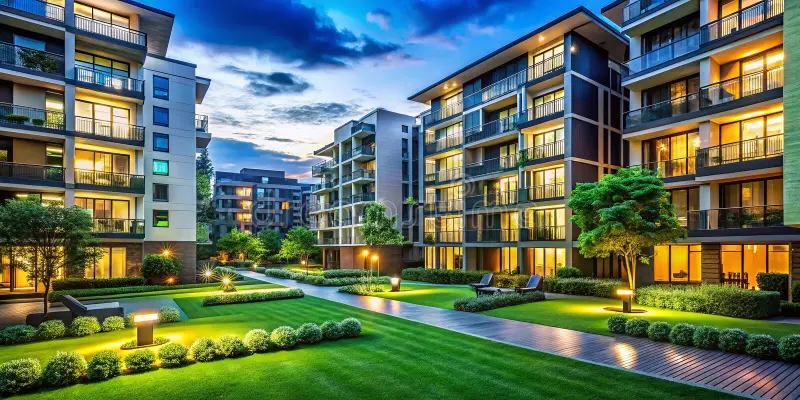 Modern Luxury Apartment Complex Exterior Night Stunning Architecture Lush Landscaping Pristine Urban Oasis Experience 353794755